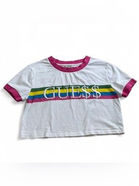 GUESS White Crop Tee with Pink Trim and Rainbow Stripes
